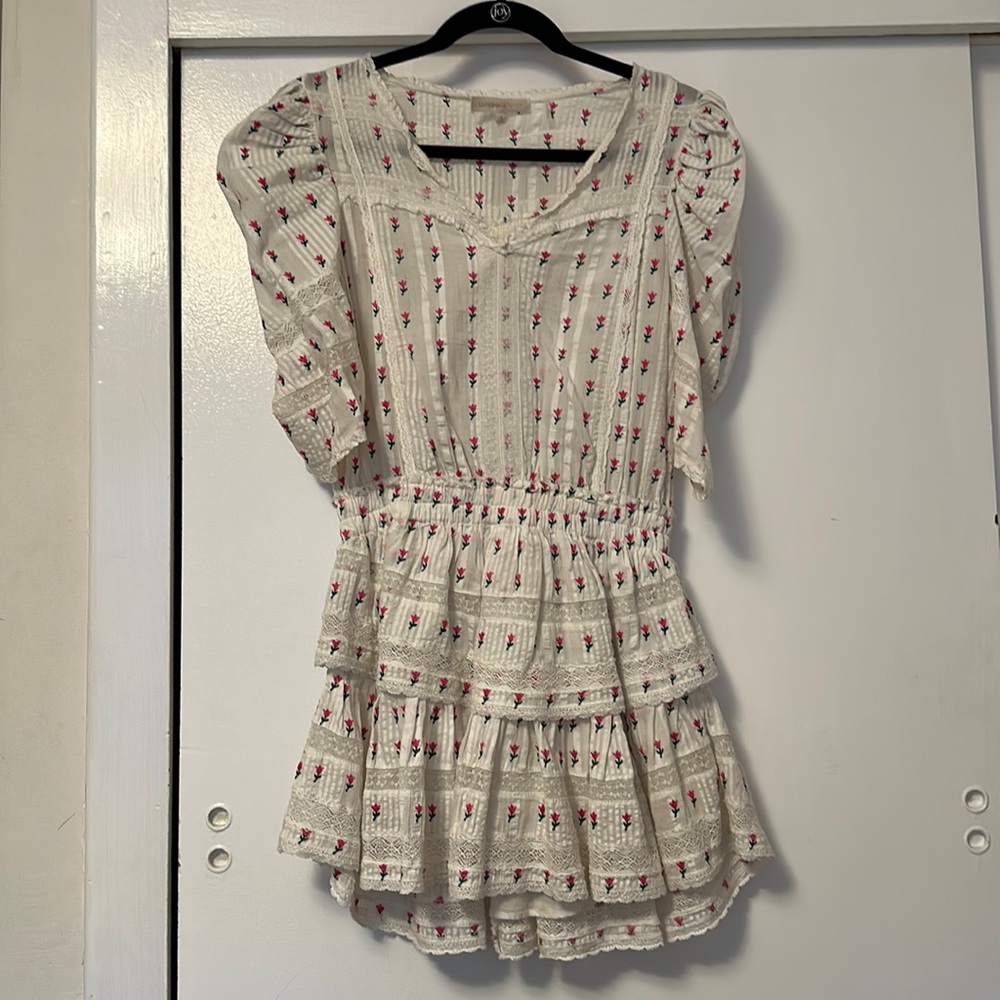 Loveshackfancy white dress with mini tulips and lace detail.